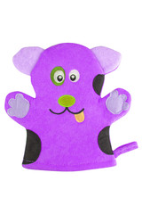 Mauve bath hand glove shaped like a funny dog, isolated on white background, clipping path included