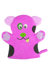 Purple bath hand glove shaped like a funny dog, isolated on white background, clipping path included