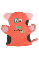 Red bath hand glove shaped like a funny dog, isolated on white background, clipping path included