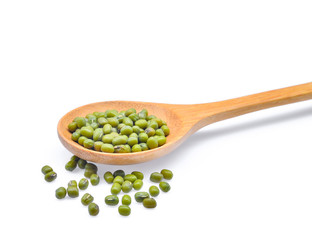 mung bean in wooden spoon isolated on white background