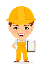 Builder woman. Funny female worker with big head holding clipboard. Humorous cartoon character repairer. Vector illustration.