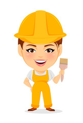 Builder woman. Funny female worker with big head holding paintbrush. Humorous cartoon character painter. Vector illustration.