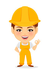 Builder woman. Funny female worker with big head showing OK gesture. Humorous cartoon character. Vector illustration.