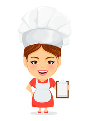 Cook woman, female master chef. Funny cartoon character with big head holding blank clipboard. Humorous vector illustration.