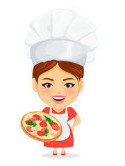 Cook woman, female master chef. Funny cartoon character with big head holding tasty pizza. Humorous vector illustration.