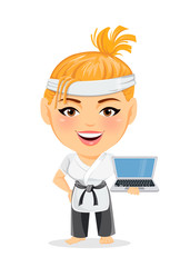 Karate woman in kimono. Smiling funny cartoon character with big head holding laptop. Vector illustration.