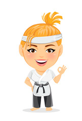 Karate woman in kimono. Smiling funny cartoon character with big head showing OK gesture. Vector illustration.