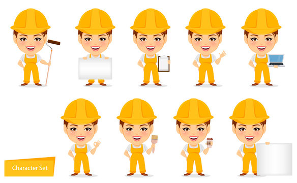 Builder woman. Funny female worker with big head. Set of humorous cartoon character. Vector illustration.