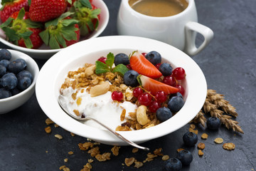 muesli with fresh berries and yogurt for breakfast