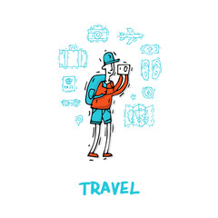 World Travel. Hand drawn. Planning summer vacations. Summer holiday, journey, traveling set of icons. Tourism and vacation theme. Flat design vector illustration.