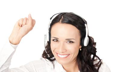 Happy gesturing support phone operator, isolated