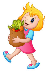 Cartoon girl holding paper bag of groceries with healthy vegetables 