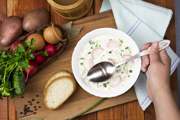 Cold soup with whey and white bread, okroshka