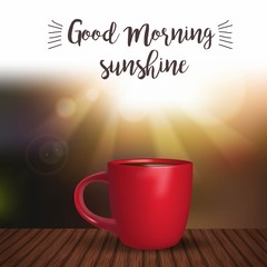 A cup of coffee on wood table with bright beams. Good morning sunshine.Vector illustrations