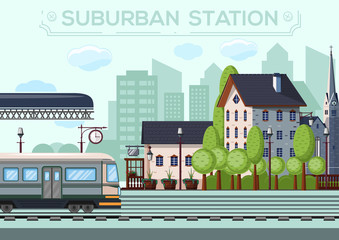 Suburban Station. City life design. Small railway station in a European city. Vector illustration