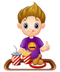 Cartoon little boy with a fast food giving thumbs up