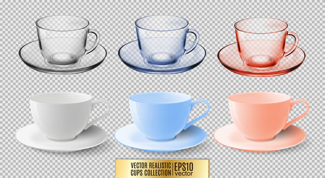 A set of glass and ceramic tea cups. Transparent multicolored glass mugs. High detailed vector illustration of colorful cups isolated on white background