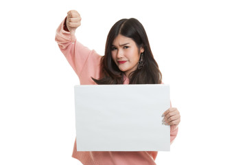 Fototapeta premium Young Asian woman show thumbs down with white blank sign.
