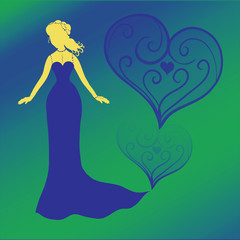 Silhouette of a graceful lady in a long blue dress against the backdrop of patterned hearts