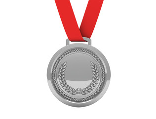 Silver medal with red ribbon isolated on white background - 3d illustration