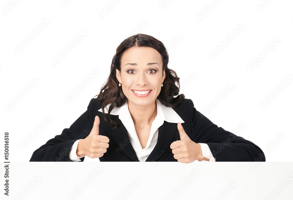 Sticker businesswoman showing blank signboard, over white