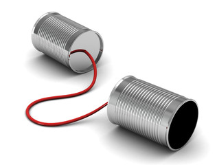 Tin can telephone with cord on grey, telephony concept.3d render.