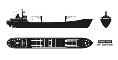 Silhouette of cargo ship on a white background. Top, side and front view. Container transport.