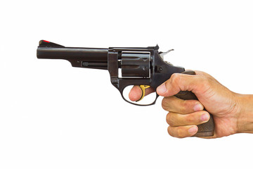 Man's hand holding old antique gun on white background