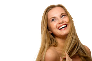 Cheerful model on empty background
