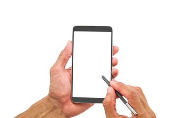 Man's hand holding and writing mobile phone with white screen isolated on white background