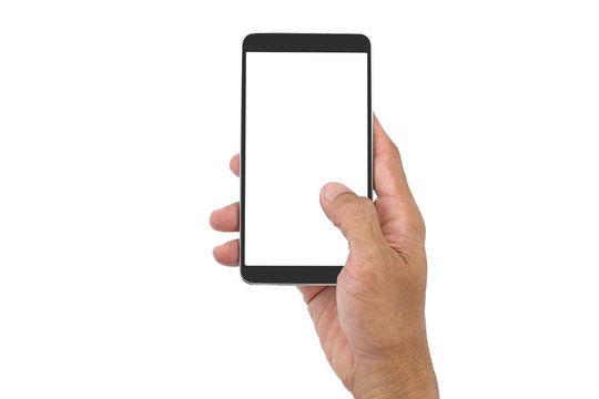 Man's hand holding white screen mobile phone isolated on white background