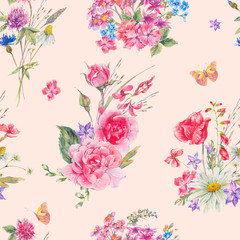Watercolor seamless pattern with wildflowers and roses