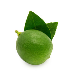 fresh lime with green leaf on white