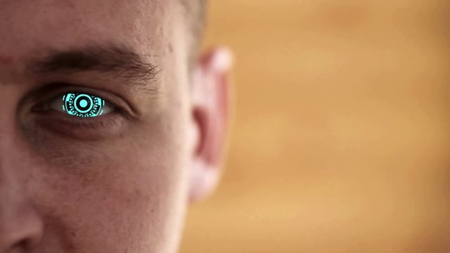 Close up to eyeball with futuristic 3d targeting system.