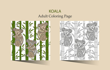 Hand drawn vector zentangle coloring page for adults with cute koala.