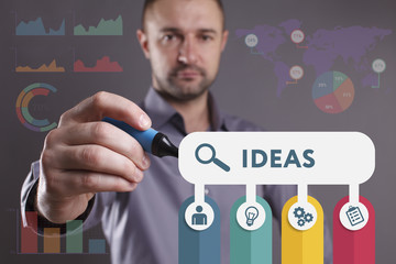 Business, Technology, Internet and network concept. Young businessman working on a virtual screen of the future and sees the inscription: Ideas