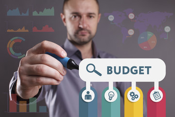 Business, Technology, Internet and network concept. Young businessman working on a virtual screen of the future and sees the inscription: Budget