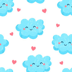 Seamless pattern with cute clouds and hearts. Ornament for children's textiles. Flat style. Vector.