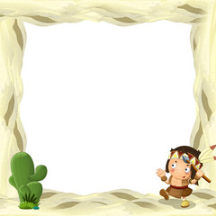 Cartoon frame for different usage indian character with a spear near the cactus
