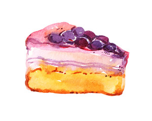 Tart, cake with jellied berries, isolated on white background, watercolor illustration