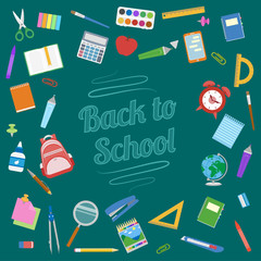 Back to School background. School supplies on green board. Education Concept. Vector illustration.