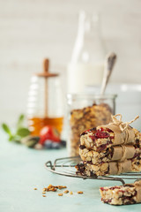 Granola bar on a blue rustic table