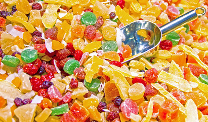 Sweets, candies and dried fruits in La Boqueria (Barcelona famous market)