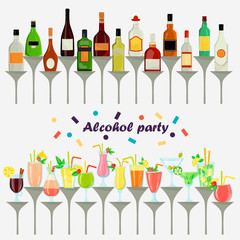 Set of alcohol drinks and cocktails color flat icons for web and mobile design