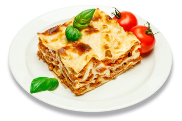 Portion of tasty lasagna isolated on white