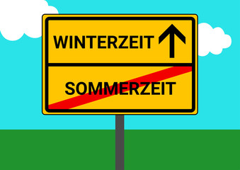 Schild Ortsausgang Winterzeit Sommerzeit
