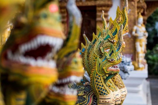 Rows of dragons at buddhist temple, Chiang Mai, Thailand
