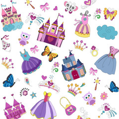 background with castles, princesses dresses, accessories, butterflies