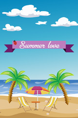 summer background with palm trees, sea, sun beds