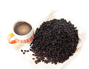Roasted Coffee Beans and Cup of coffee
